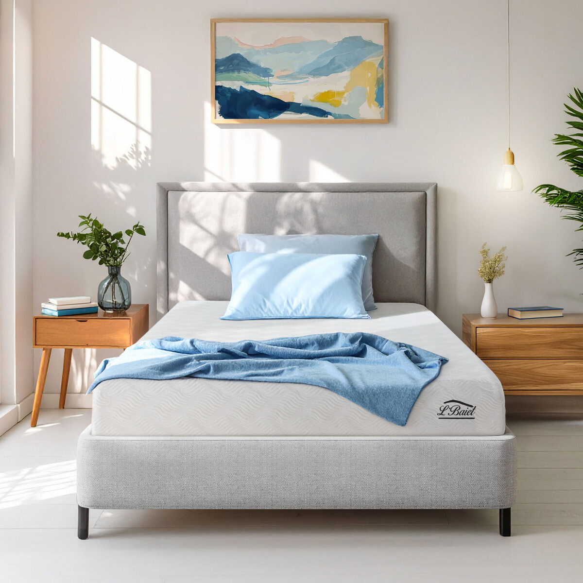 L'Baiet mattress in a modern bedroom with blue bedding